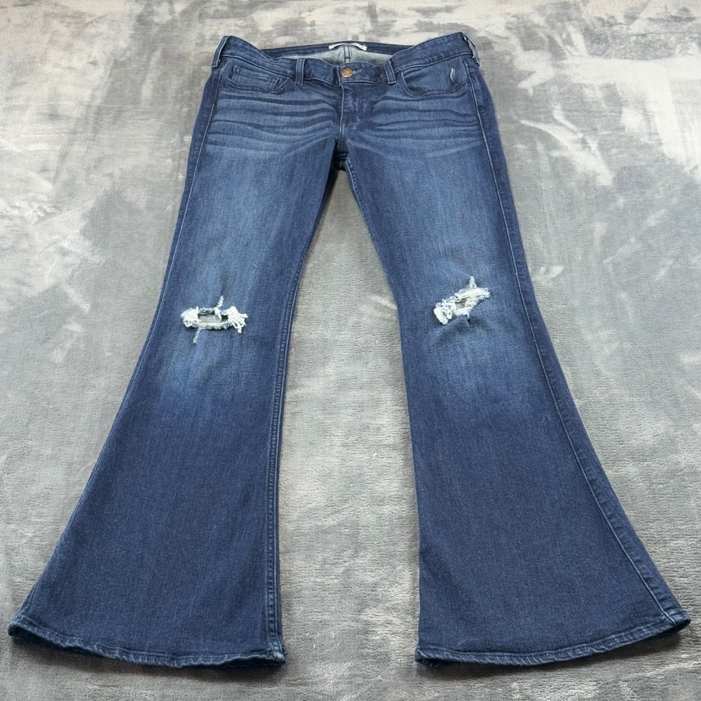 Hollister Flare Jeans Womens 11R W30 L34 Dark Wash Distressed Bell Bottoms